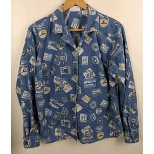 Liz Claiborne Large L Jean Shirt Button Up Switzerland Stamps Postcard Shirt (17